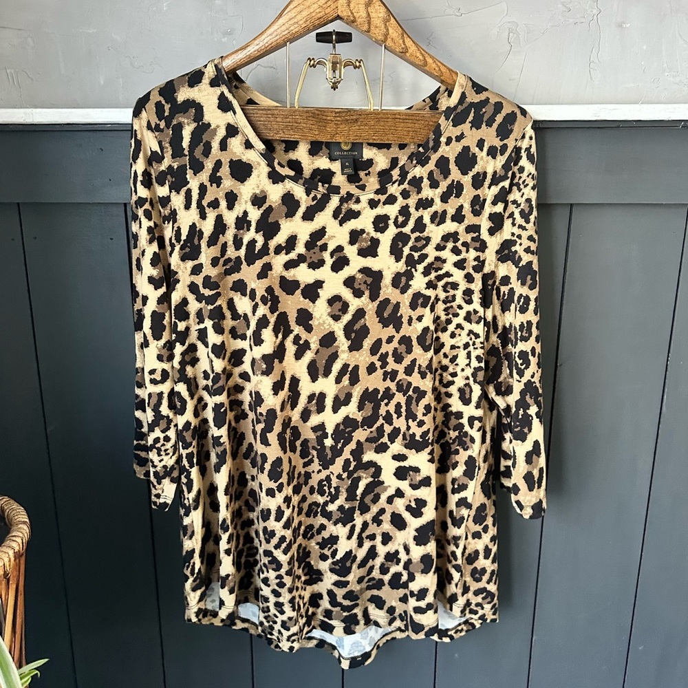 JM Collection Leopard Print Brown Stretchy‎ Blouse Shirt Top Size XL